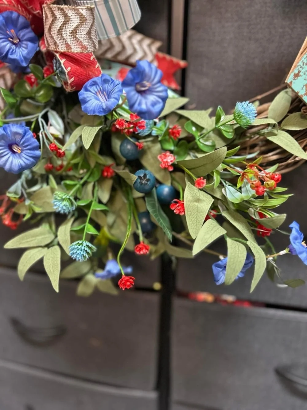 Handmade “Everyday” Blue Floral Wreath with Red Accents and Rustic Cross